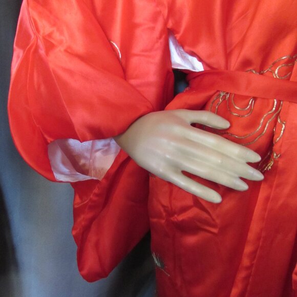 Exotic Kimono Style Robe Cherry Red Gold Blue Metallic Accents - Picture 6 of 16